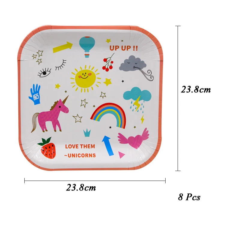 8 шт., вечерние бумажные салфетки с единорогом/чашка/тарелка, украшение для детского стола на свадьбу/День рождения/вечерние/помолвки/юбилейные принадлежности - Цвет: 8pcs plate 2