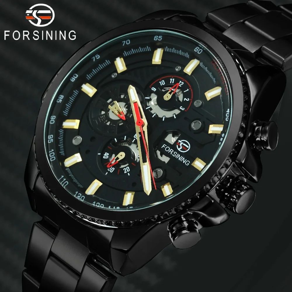 

FORSINING Military Sports Auto Mechanical Watch Men 3 Dials Chronogarpah Stainless Steel Strap Mens Watches Top Brand Luxury