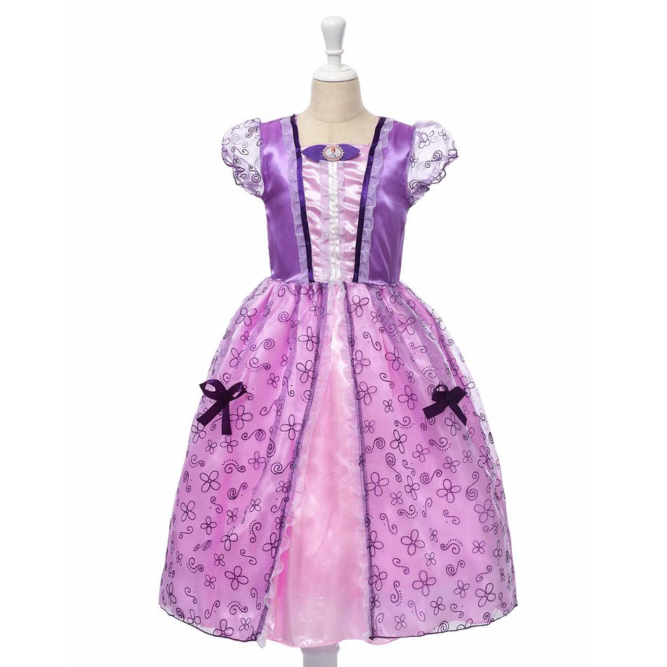 Платье принцессы Софии для девочек; Детский карнавальный костюм; бальное платье с короткими рукавами-фонариками; Детские Вечерние платья на Хэллоуин с цветочным рисунком; Летние нарядные платья
