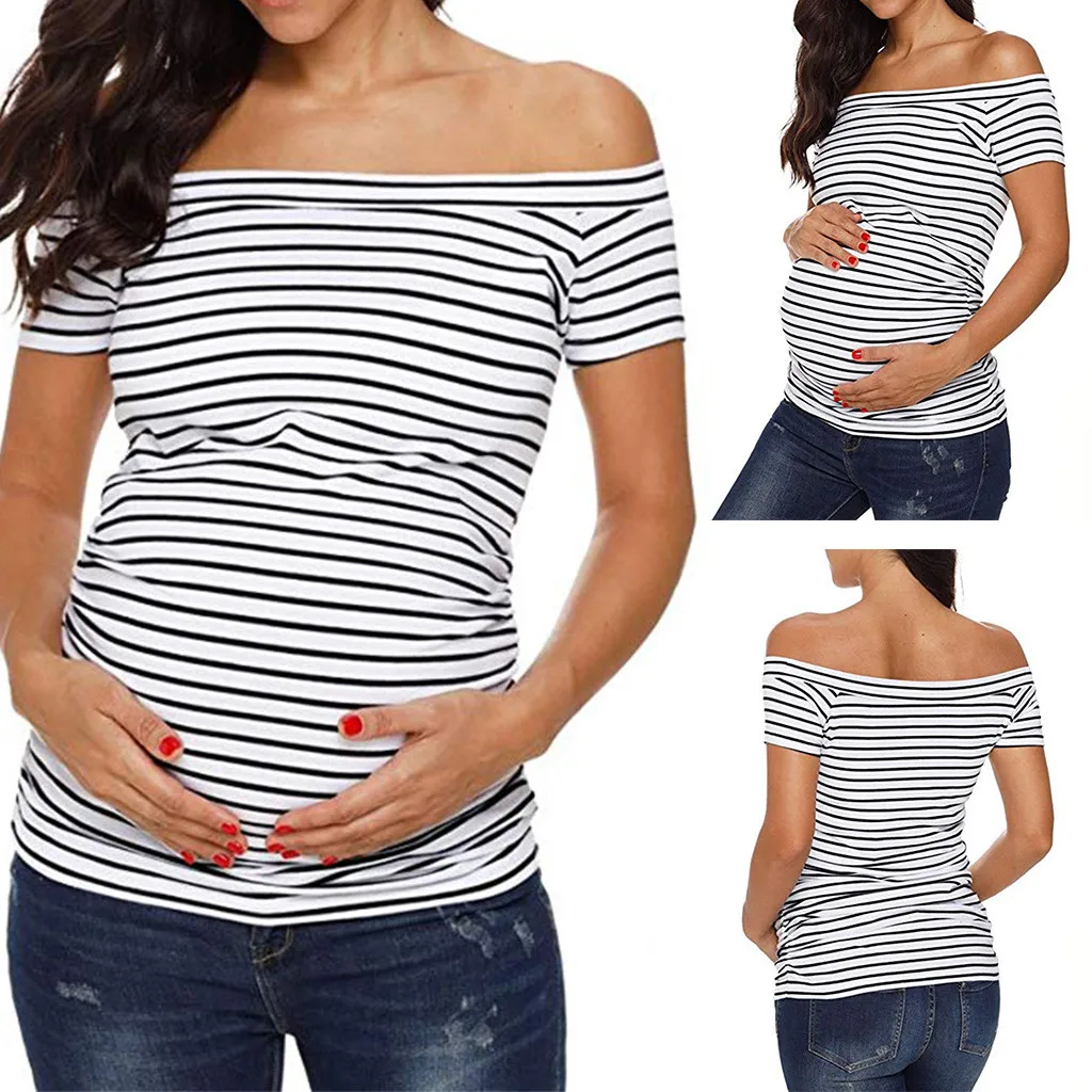 

Maternity Clothes Women Pregnancy Stripe Short Sleeve Off Shoulder Tops Nusring Maternity Clothes Breastfeeding Clothes Summer