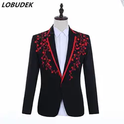 Мужской дизайн с аппликацией мужской пиджак черно-красные блейзеры с цветочным рисунком мужской певец и ведущий Свадебный Жених платье