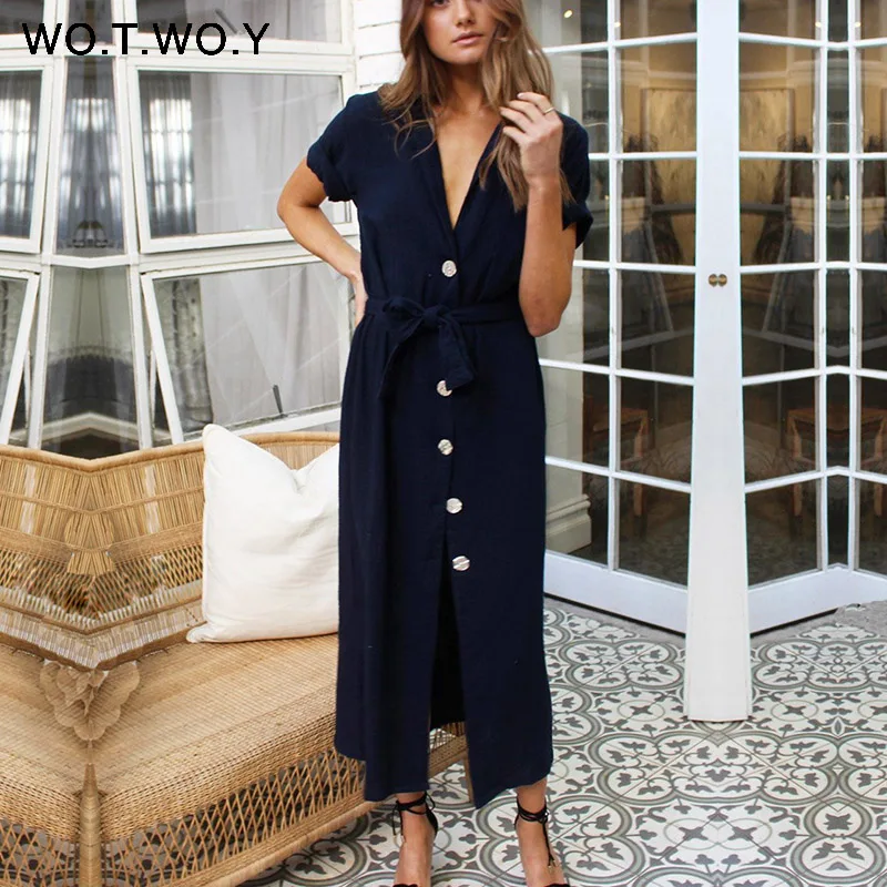 WOTWOY 2020 Sashes Summer Long Ankle-Length Dresses Women Cotton White Sexy V-Neck Straight T Shirt Dress Woman Loose Clothes WOTWOY 2020 Sashes Summer Long Ankle-Length Dresses Women Cotton White Sexy V-Neck Straight T Shirt Dress Woman Loose Clothes