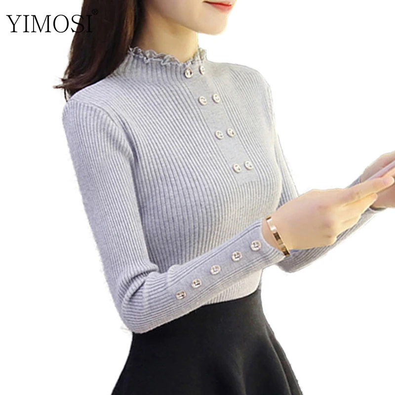 

2019 Autumn Turtleneck Knitted Sweater Casual Long Sleeve Button Highly Elastic Pullovers Tops Korean Lady Solid Sweaters