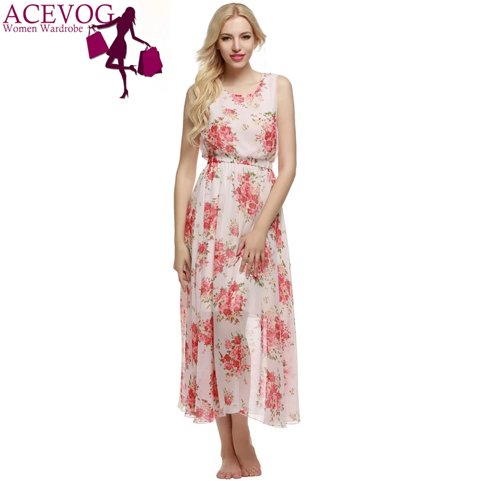 

ACEVOG Women Brand 2017 Sleeveless Elastic Casual Summer Beach Party Chiffon Maxi Long Full Dress Lining Feminino Vestidos