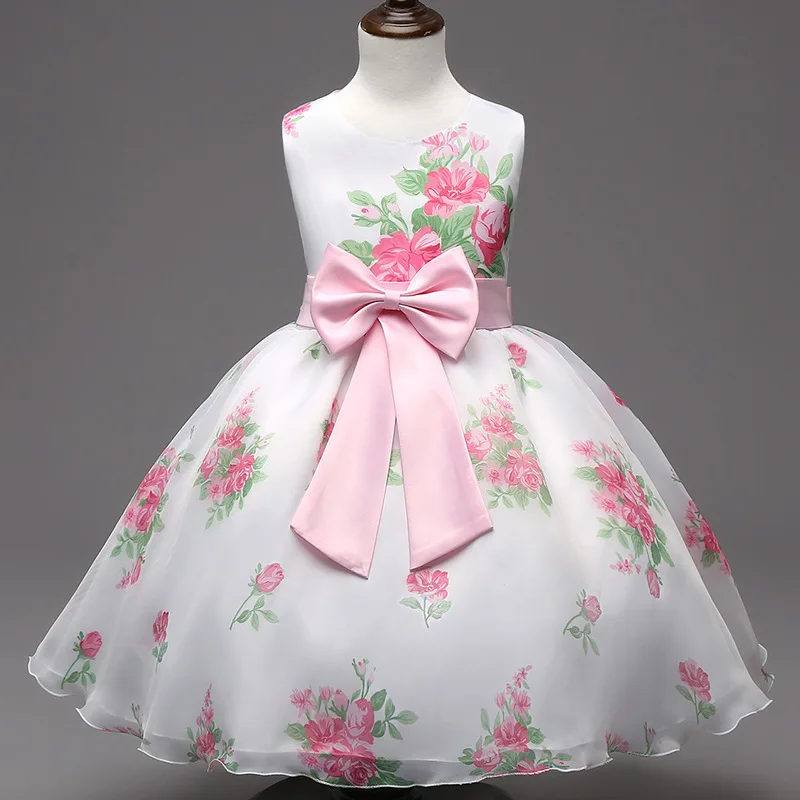 

New Girl Summer Dress 2016 Floral Printed Pink Puffy Ball Gown Kids Dresse For Girl Birthday Party Clothes For Children 2-7Years