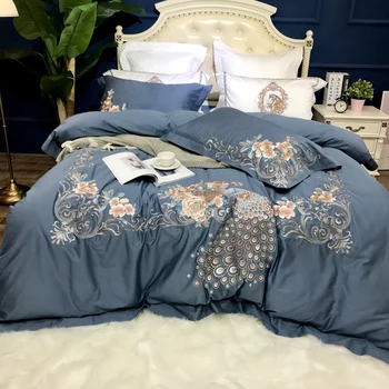 

80S Egyptian cotton Luxury Peacock Embroidery Bedding set Duvet Cover Bed Linen Bed Sheet Pillowcases Queen King Size 4/6pcs