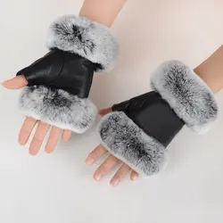 Зимние Модные черные половина палец из натуральной кожи перчатки овечьей шкуре мех кролика половины пальцев перчатки без пальцев мех