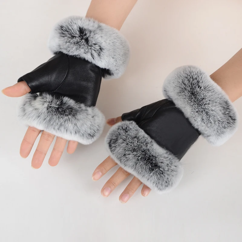 

Winter Fashion Black Half Finger Genuine Leather Gloves Sheep Skin Rabbit Fur Half Finger Fingerless Gloves Rabbit Fur Mouth
