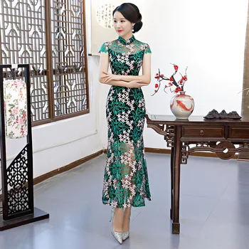 

Sexy Mesh Embroidery Ladies Dress Elegant Slim Long Cheongsam Chinese National Annual Meeting Qipao Vestidos Size S-XXXL
