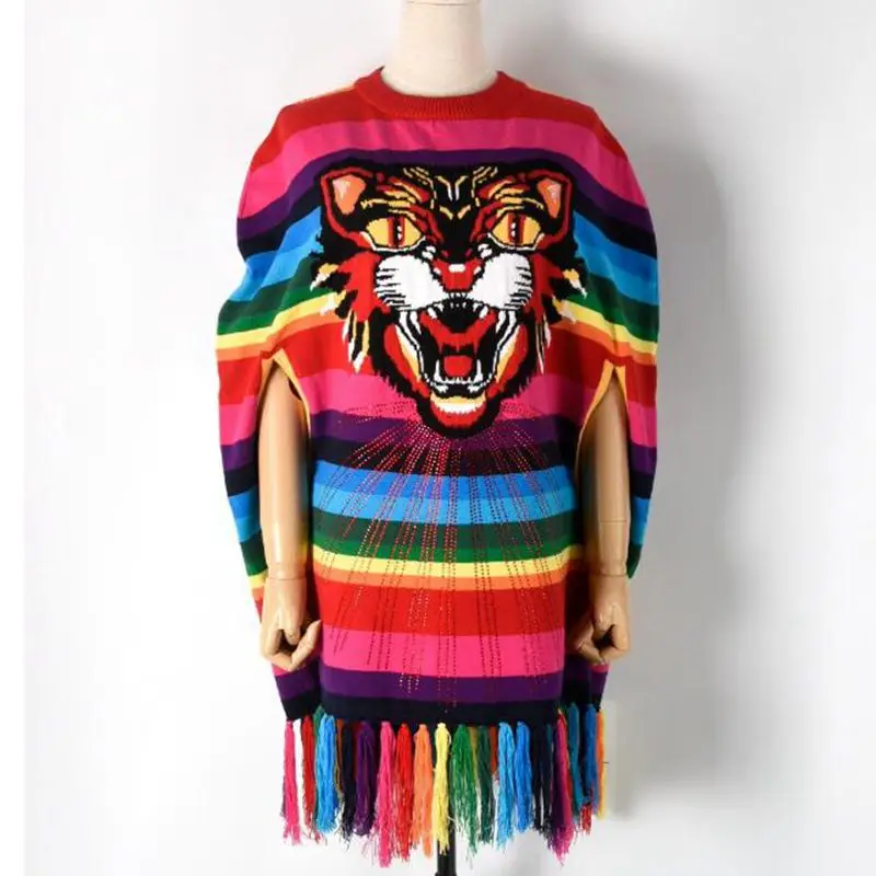 

Women's fall new style round collar with a colorful striped animal pattern fringe and a sleeveless shawl knitted sweater