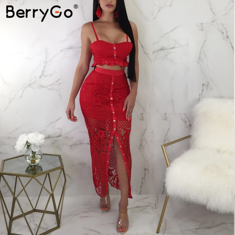 BerryGo сексуальное кружевное летнее платье с открытой спиной женское платье с вырезами из двух частей с пуговицами на ремешке Элегантный женский сарафан дамы миди платье