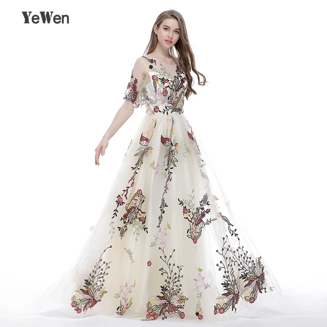 Embroidery champagne Evening Dress elegant for Women Sleeveless Long Sexy Half Sleeves Plus Size Prom Dresses 2018 Party gown