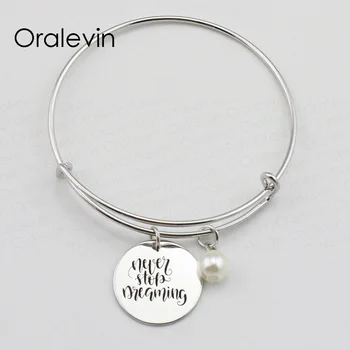 

NEVER STOP DREAMIN Inspirational Hand Stamped Engraved Charm Pendant Expandable Wire Bracelet Bangle Jewelry,10Pcs/Lot, #LN1930B