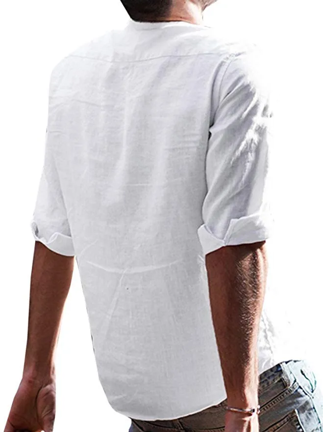 Льняная мужская рубашка с длинным рукавом, повседневная мужская рубашка, летняя Хлопковая мужская рубашка с длинным рукавом, одноцветная рубашка с воротником W413