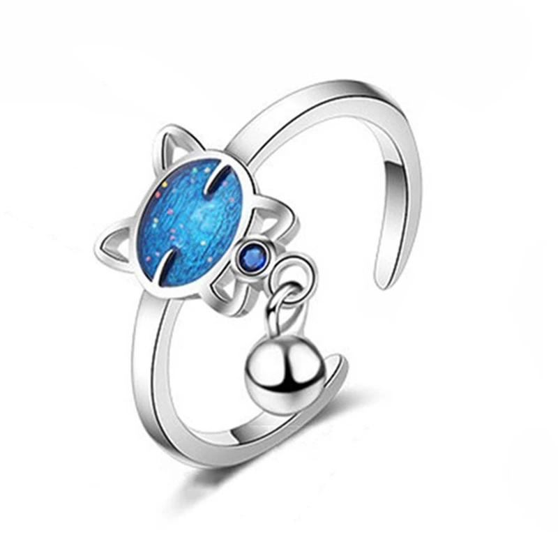 

Women Rings 2019 Lovely Cat Animal Blue Epoxy Resin Cat with Small Bell Charm Finger Rings Party Jewelry Gift Bague Femme
