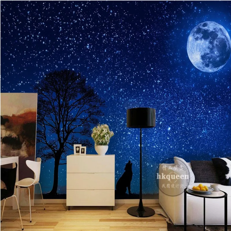 

Modern minimalist wallpaper blue dream Starry sky moon Big tree mural Restaurant Hotel lobby balcony custom wallpaper mural