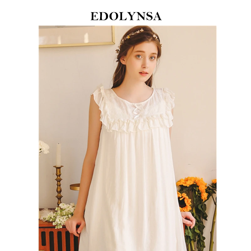 

2019 Summer Sleepwear Women Home Wear Vintage Nightgown Elegant O-Neck Sleeveless Ruffled Long White Cotton Night Dress H848