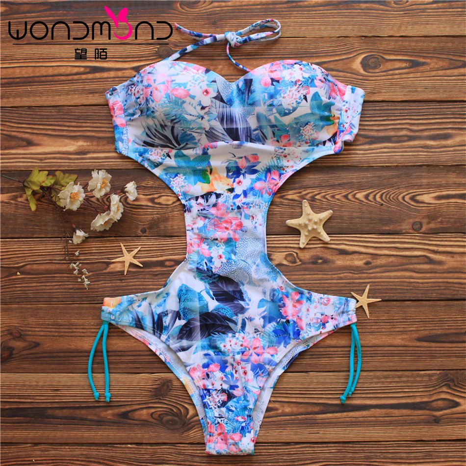 

Floral Print Monokini Backless Bodysuits One Piece Swimsuit Swimwear Women Halter Bathing Suits Brazilian Biquini Trikini