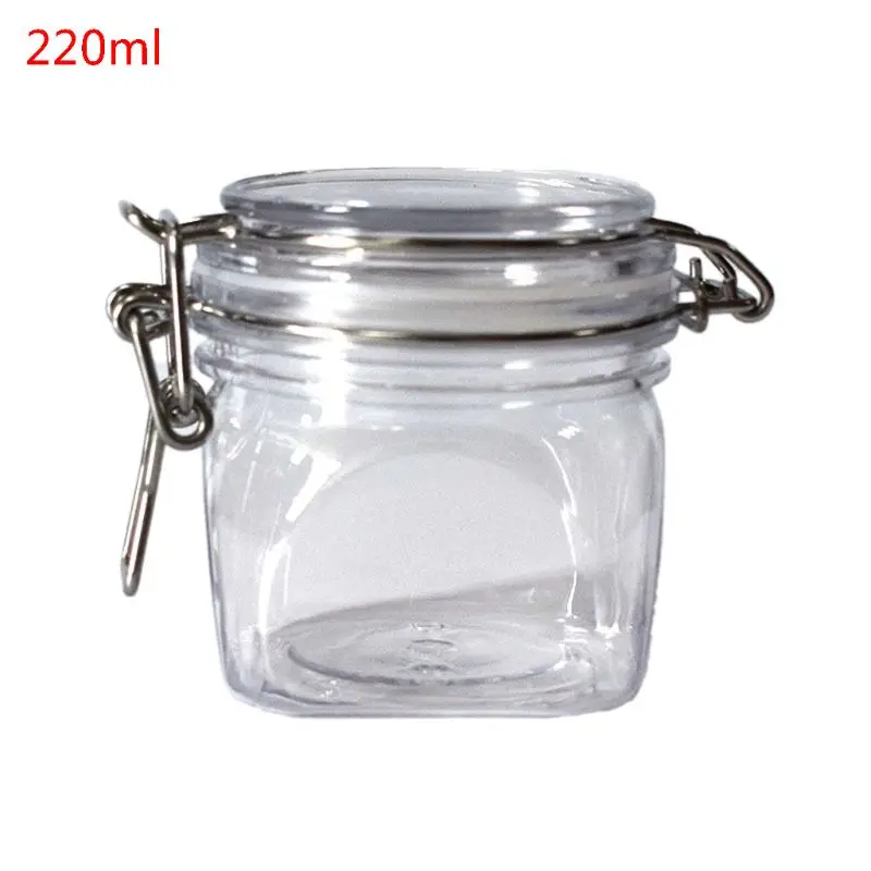  220ML Plastic Square Clip Top Storage Jar With Airtight Seal Lid Kitchen Food Container Preserving 