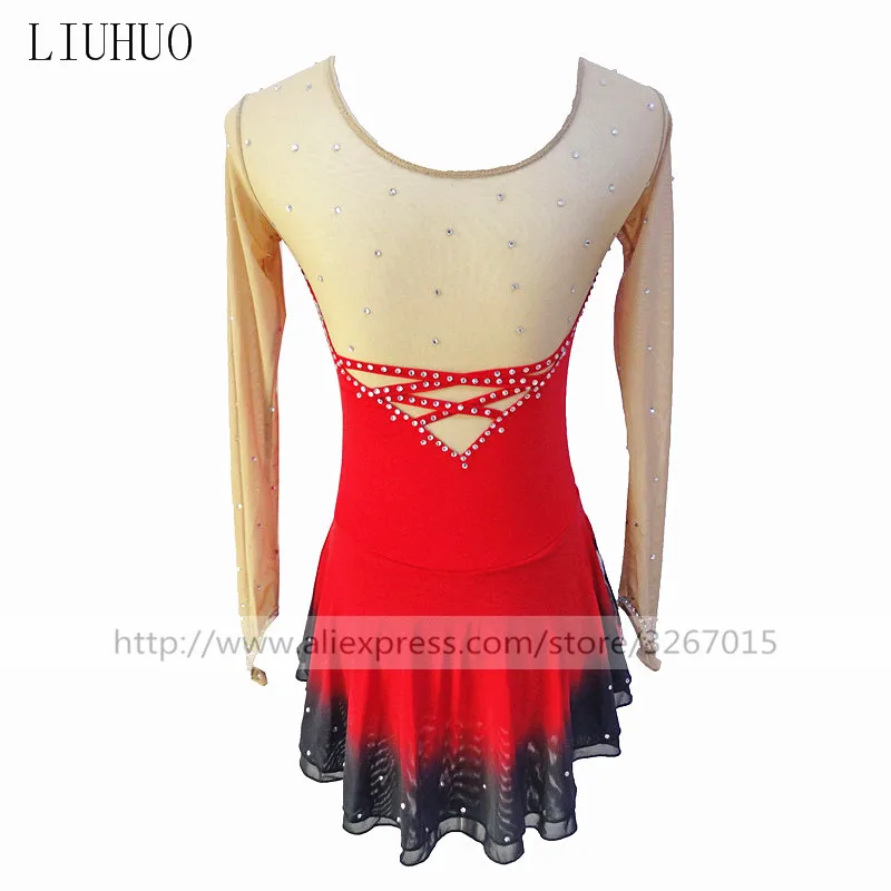 Figure Skating Dress Women's Girls' Ice Skating Dress  Competition clothing Red round neck long sleeve Red black gradient skirt 