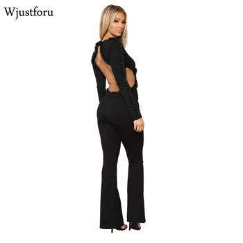 

Wjustforu Fashion Backless Black Elegant Jumpsuit Bodycon Ruffle Wide Leg Jumpsuit Womens Romper Long Sleeve Casual Jumpsuit