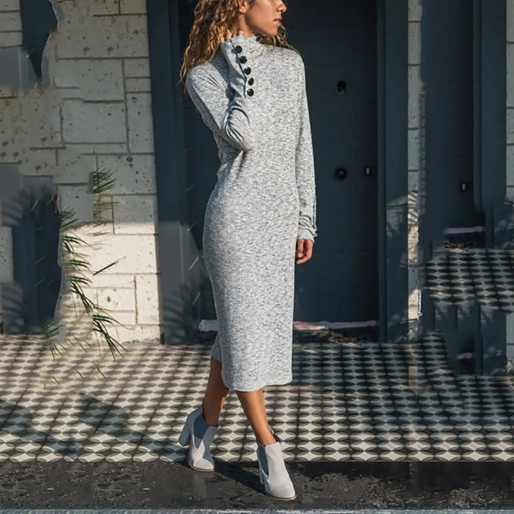 

KANCOOLD Dress Women Casual High Collar Long Sleeve Button Solid Color Dress Mid-Calf fashion new vintage Dress women 2018DEC13
