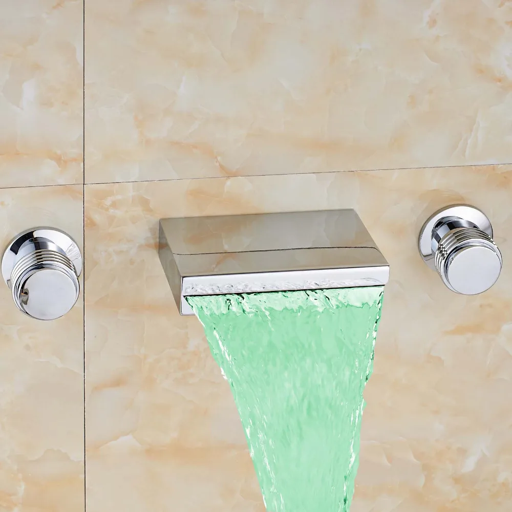 

Newly Luxury Widespread Waterfall Bathroom LED Color Changing Tub Faucet Square Spout Dual Handles Mixer Tap Faucet