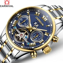 montre homme Famous CARNIVAL 2017 New Tourbillon Mechanical Watches Men Steel Strip Waterproof Automatic Watch Big Calendar