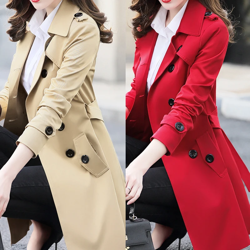 

Women'S jacke Lapel Wool Blend midi Coat Thicken Loose Solid Color Black Red Coat Spring autumn plus size Wool belt jacket women