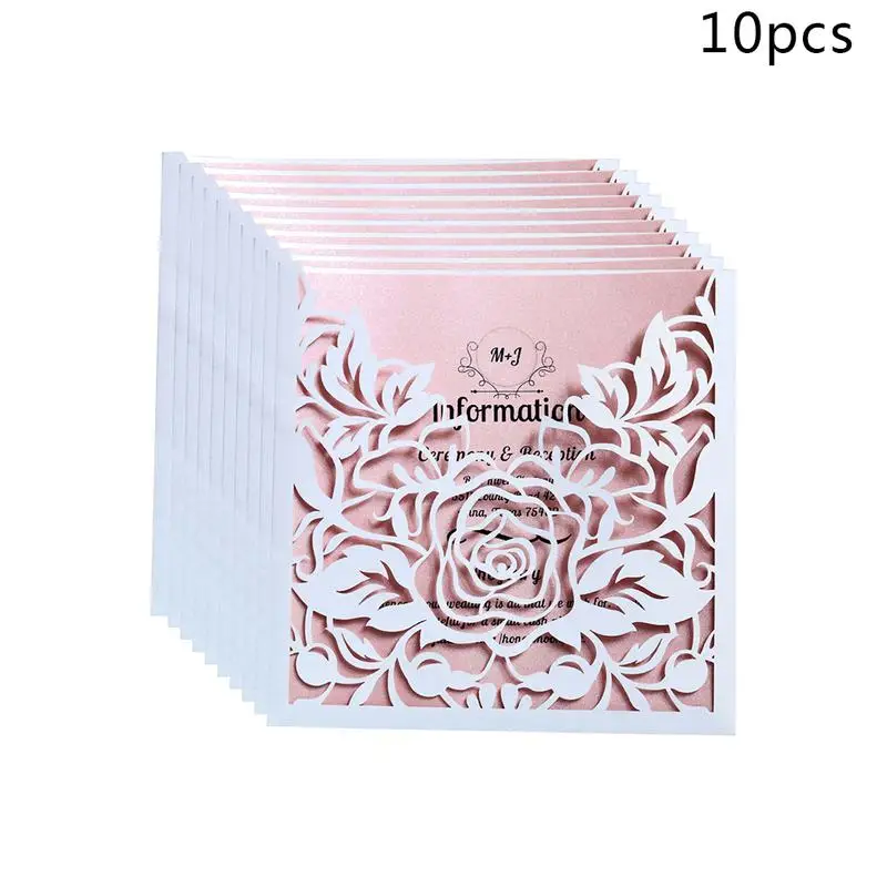  10pcs/lot Lace Pocket Wedding Invitations Cards Square Laser Cut Rose Flower Greeting Card Invitati - 32925603634