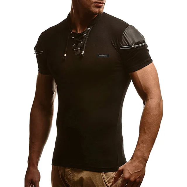 IceLion, летняя футболка с коротким рукавом для фитнеса, Мужская модная футболка со стоячим воротником, Лоскутная футболка, однотонная облегающая футболка - Цвет: black