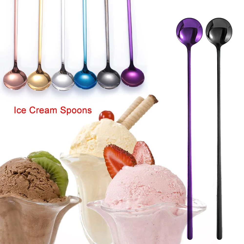 

Rainbow Stir Coffee Spoon Long Handle Ice Cream Spoons Eco-Friendly Stainless Steel Tableware Kitchen Supplies Creative Flatware
