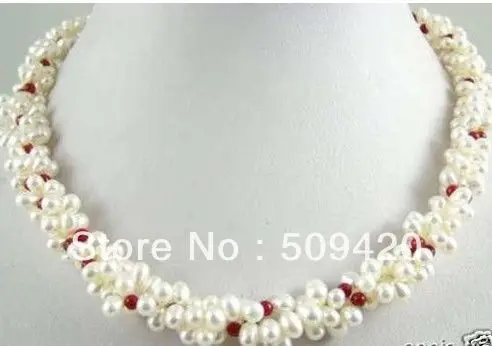 

~~ Free ShippingWhite Freshwater Pearl Coral 3 Rows Twist Necklace