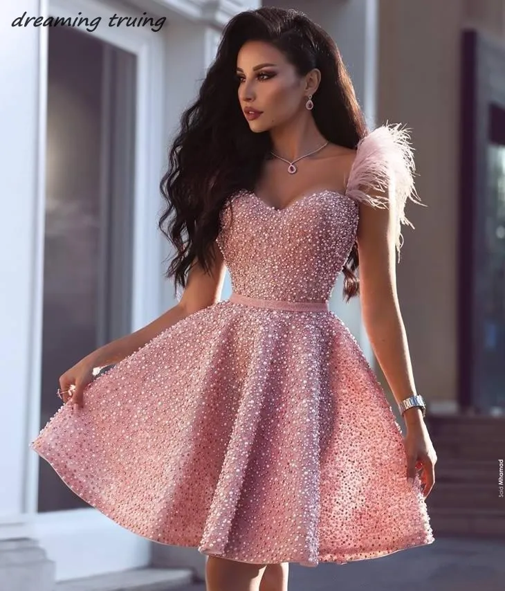 Glitter Full Pearls Short Cocktail Homecoming Dresses Arabic Dubai Style  Knee Length Pink Feathers Prom Gowns Vestidos De Coctel - Cocktail Dresses  - AliExpress