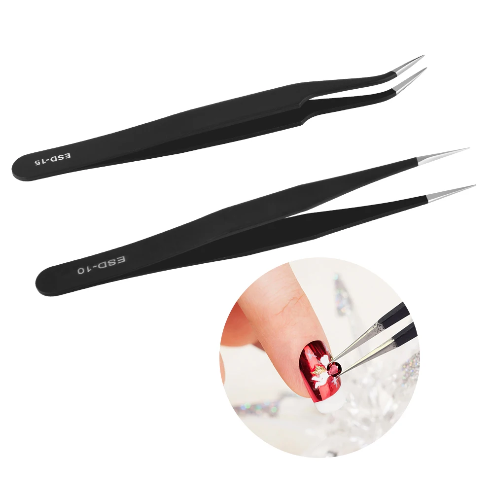 2Pcs Stainless Steel Elbow Antistatic Nail Tweezers Nail Rhinestone
