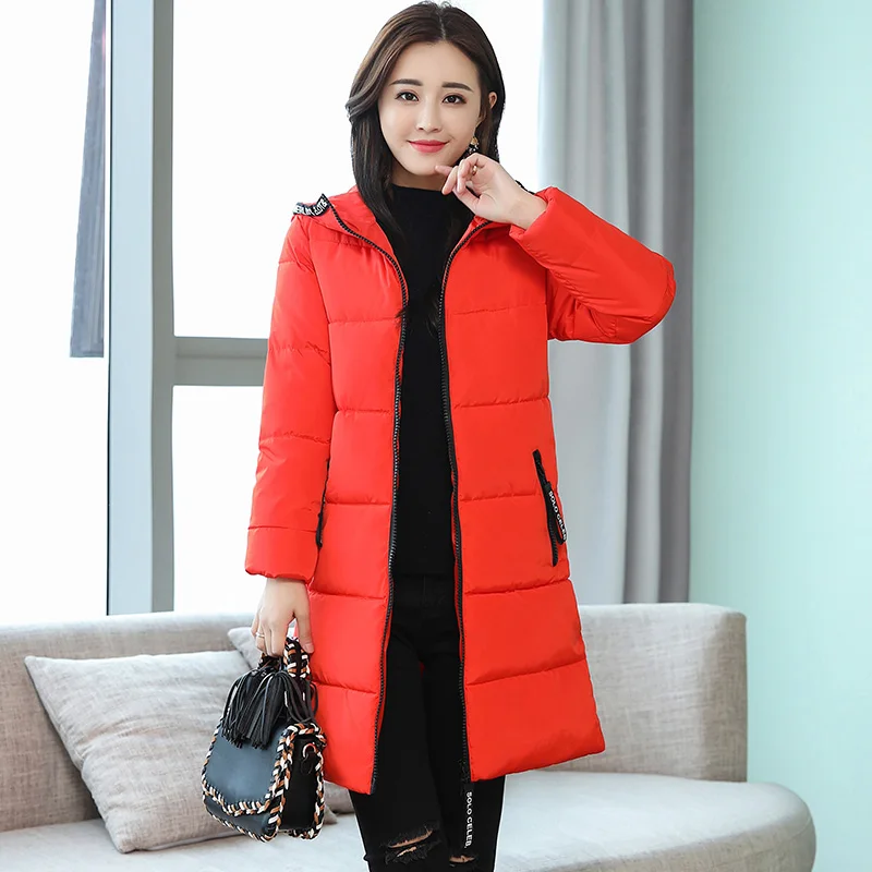 Новое поступление, женская зимняя куртка с капюшоном, повседневное женское пальто с хлопковой подкладкой, длинная парка - Цвет: Orange Red