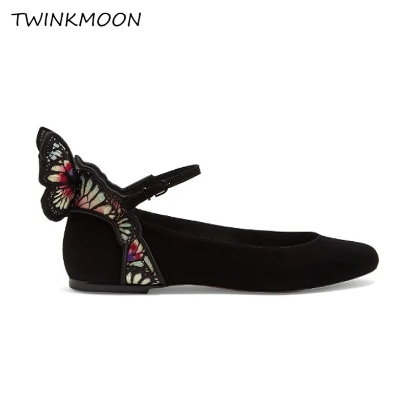 Mary/джинсовая обувь с крыльями бабочки; женская обувь на плоской подошве; дизайнерская обувь из флока с круглым носком; Цвет Черный; обувь с пряжкой на лодыжке; zapatos de mujer