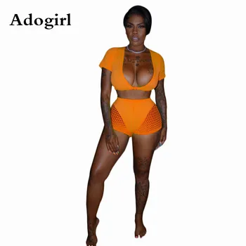 

Fitness Women 2 Pieces Set Summer Tie Up v-neck Crop Top & Mesh Splicing Shorts Night Party Clubwear Work Out Beach Outfits