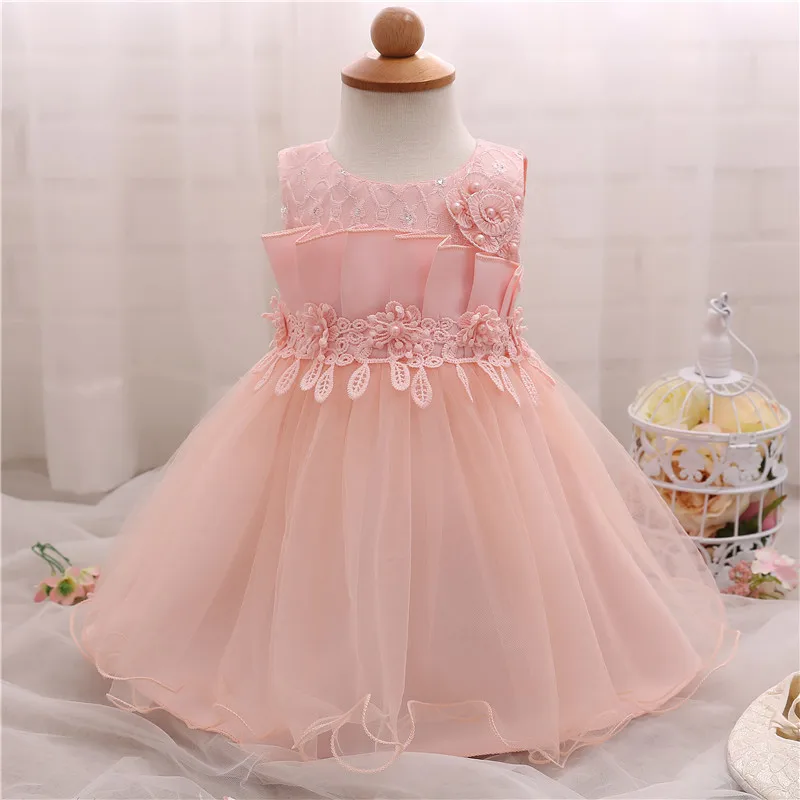 

Solid Infant Girl Dress 2018 Fashion Embroidery Flower Toddler Dresses Beading Baby Girls Wedding Party Clothing Sleeveless