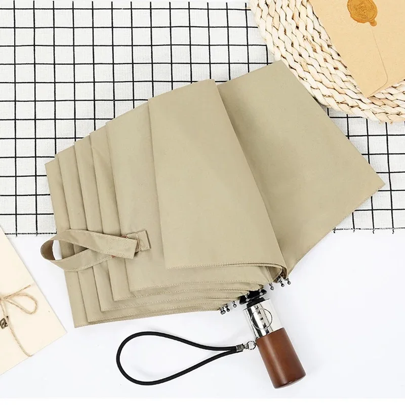 

Solid Wood Handle Fully Automatic Male Folding Umbrella Rain Women Sun Parasol 10 Ribs Waterproof Men Car Gray Guarda Chuva