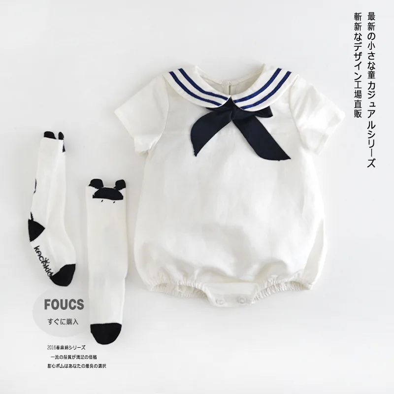 

Free sock Newborn Cotton White Navy Sailor uniforms summer baby rompers Short sleeve one-pieces jumpsuit boy girl clothing 0-18M