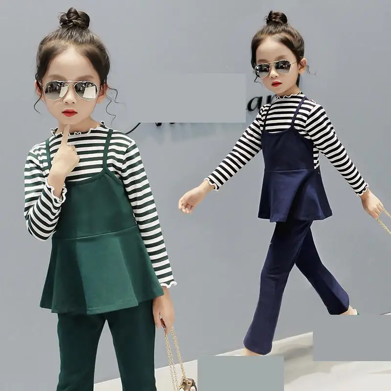 

2018 New Girls Suit Cotton Teenage Children Clothes Spring Kids Set School Uniform For Girls Striped T-shirts + Vest + Pants 14
