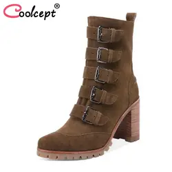 Coolcept/пикантные Для женщин Ботинки из натуральной кожи на высоком каблуке на платформе с пряжкой Martin зимняя обувь ботильоны женская обувь