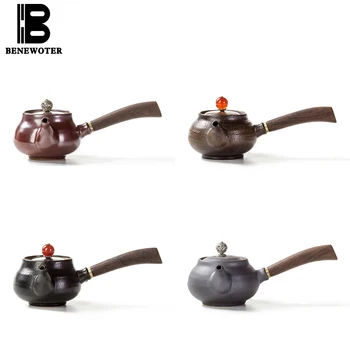 

150ml Japanese Ceramic Teapot Handmade Pigmented Pottery Ebony Wooden Side Handle Tea Pot Kung Fu Tea Set Kettle with 7 Holes