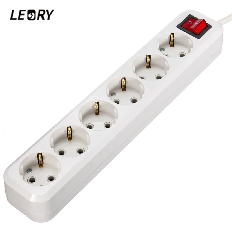 LEORY 6 AC Power Sockets 10A 250V Power Strip EU Plug Overload Switch Surge Protector 6 Outlet Extension Lead Adapter 1.5M Cable 2500w 4 outlet ac electric power bar strip w individual switch led indicator ac 250v 3m cord