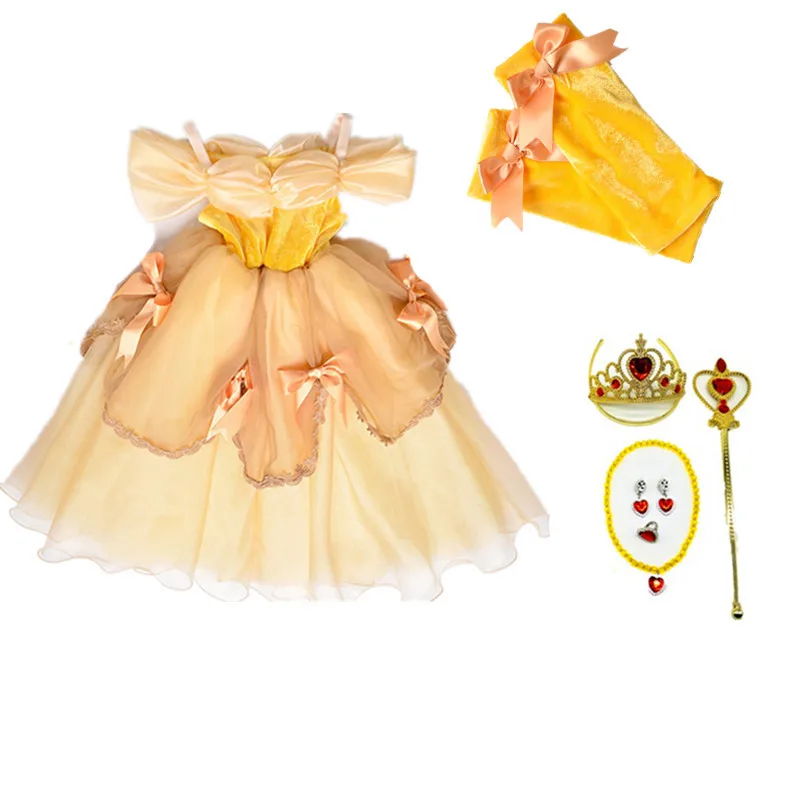 Карнавальный костюм принцессы Белль для девочек; нарядное платье на день рождения; детское длинное платье на Хэллоуин, Рождество; одежда красавицы и чудовища