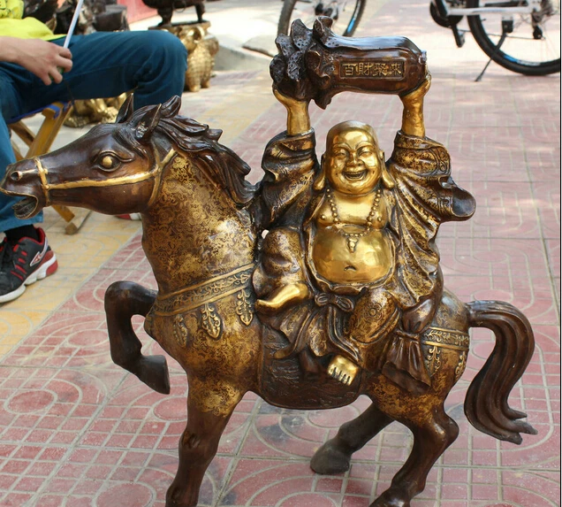 

bir 005484 25" Chinese Bronze Happy Laugh Maitreya Buddha Ride Horse cabbage Wealth Statue