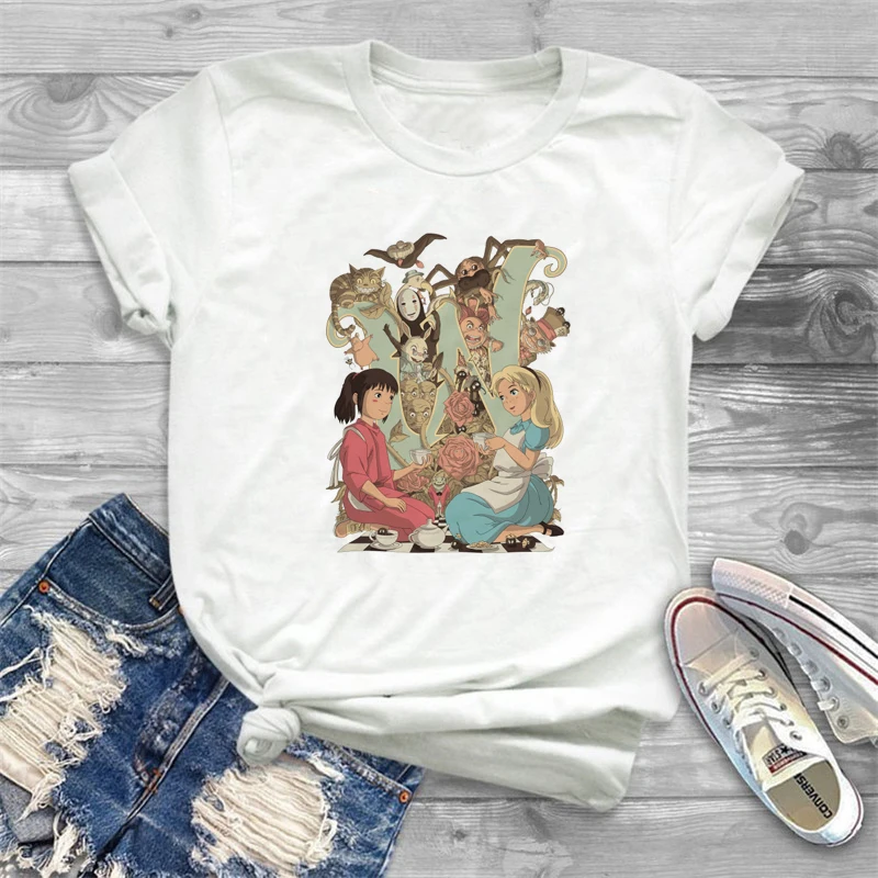 

2019 T shirt Women New Summer Women Tshirt Fashion Alice In Wonderland Women Cartoon Short sleeves Soft White Tops high quality