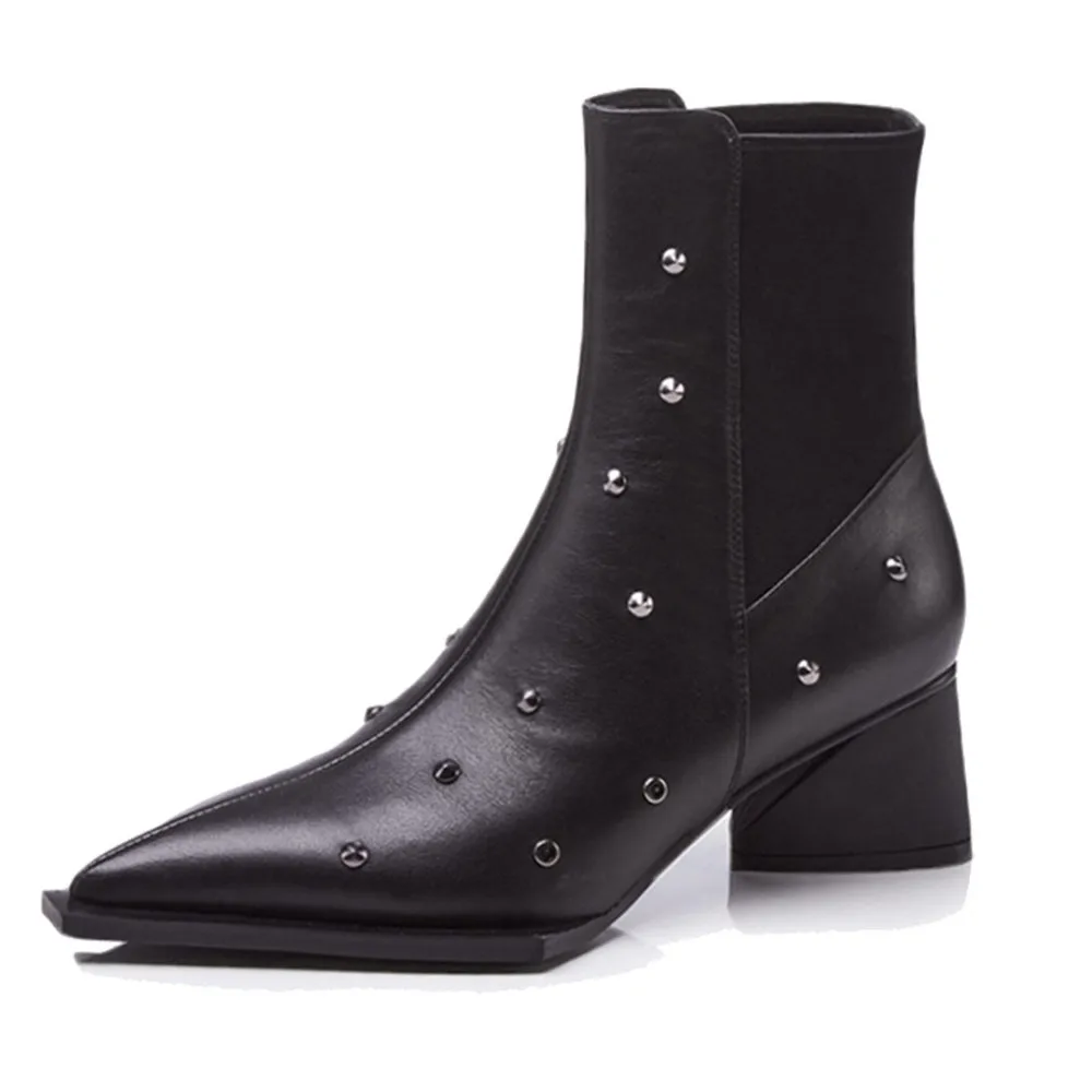 

2018 Autumn Winter Casual Fashion Solid Color Pointed Elastic Cloth Leather Matching Rivet Comfortable High Heel Women's Boots