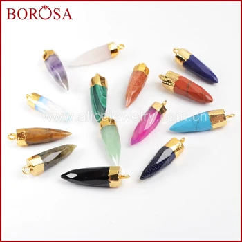 

BOROSA Gold Color Pencil Point Shape Beautiful Multi-Kind Stone Faceted Pendant Charm Bead G0621